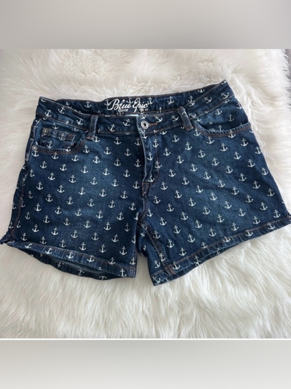 Blue Epic Anchor Print Denim Shorts - Navy/White